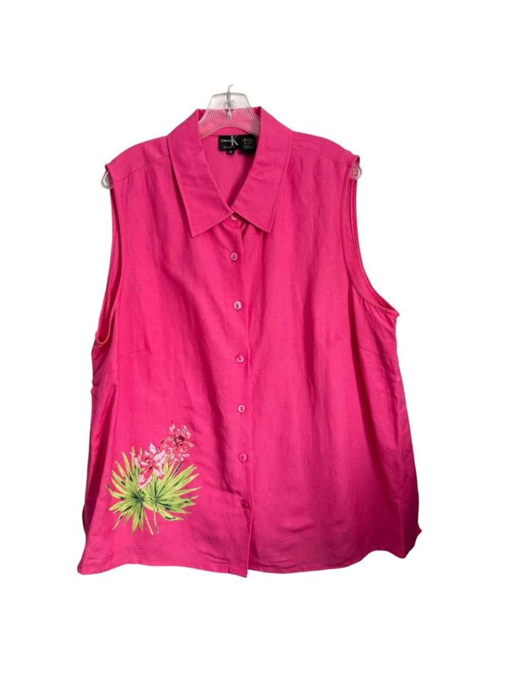 Dina K Womans Pink Sleeveless Button-Up Top With Floral Detail 1X Ramie/Viscose